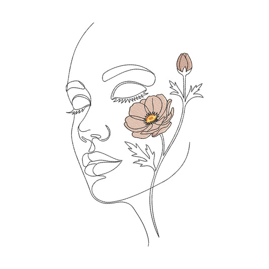 Woman's Face with Flower Line Art Embroidery Design - SG300501